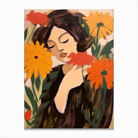 Woman With Autumnal Flowers Gaillardia Canvas Print