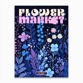 Derby city print flower market poster in dark blues, retro aesthetic floral illustration with 70s style typography, vintage travel prints perfect for eclectic living rooms, bedrooms, kitchens, entryways Canvas Print