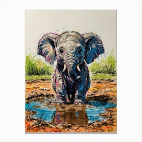 Baby Elephant In Puddle Canvas Print