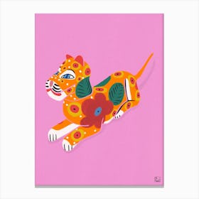 Tiger With Flowers On Pink Background Canvas Print