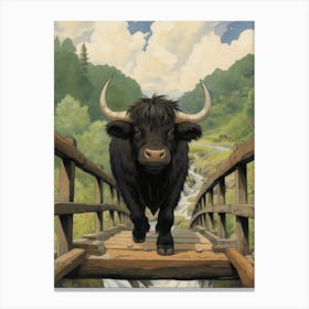 Animated Black Bull Crossing A Wooden Bridge 2 Canvas Print