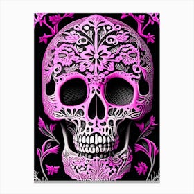 Skull With Mandala Patterns 1 Pink Linocut Canvas Print