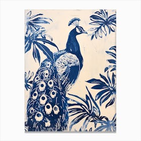 Navy Blue Inspired Peacock With Leaves 1 Canvas Print