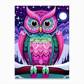 Pink Owl Snowy Landscape Painting (105) Canvas Print