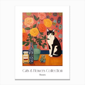 Cats & Flowers Collection Rose Flower Vase And A Cat, A Painting In The Style Of Matisse 10 Canvas Print