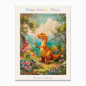 Dinosaur In A Floral Meadow Vintage Storybook Painting 1 Poster Canvas Print