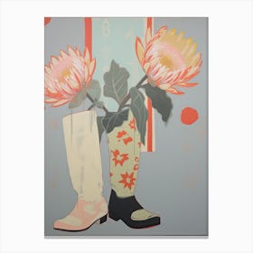 Painting Of Protea Flowers And Cowboy Boots, Oil Style Canvas Print