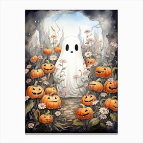 Cute Bedsheet Ghost, Botanical Halloween Watercolour 40 Canvas Print
