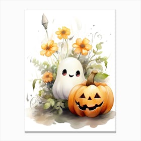 Cute Ghost With Pumpkins Halloween Watercolour 150 Canvas Print