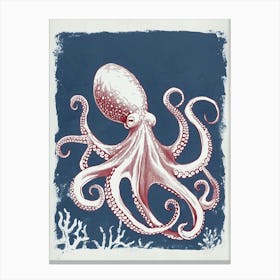 Octopus Swimming Around With Tentacles Red Navy Linocut Inspired 4 Canvas Print