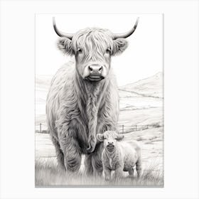 Black & White Illustration Of Highland Cow With Calf 3 Canvas Print