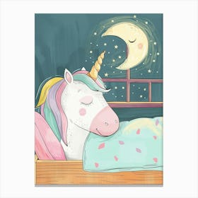Pastel Storybook Style Unicorn Sleeping In A Duvet With The Moon 2 Canvas Print