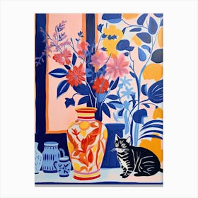 Bluebell Flower Vase And A Cat, A Painting In The Style Of Matisse 3 Canvas Print