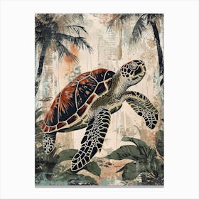 Sea Turtle & Palm Trees On The Beach 1 Canvas Print