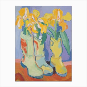 Painting Of Yellow Flowers And Cowboy Boots, Oil Style 9 Canvas Print