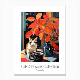 Cats & Flowers Collection Camellia Flower Vase And A Cat, A Painting In The Style Of Matisse 2 Canvas Print
