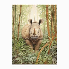 Vintage Illustration Of A Rhino Walking Through The Leaves 3 Canvas Print
