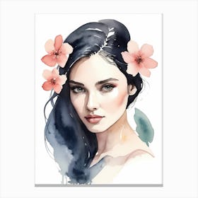 Floral Woman Portrait Watercolor Painting (9) Canvas Print