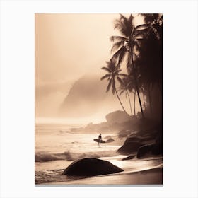 Person With Surfboard On Anse Source D Argent, Seychelles 1 Canvas Print