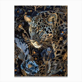 Leopard In Blue Flowers 1 Canvas Print