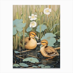 Ducklings With The Water Lilies Japanese Woodblock Style  1 Canvas Print