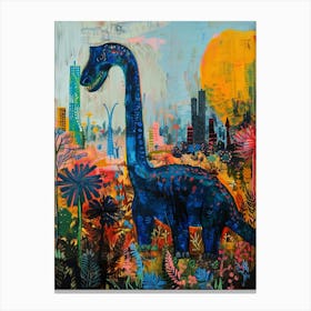 Dinosaur In The Flowers With A Cityscape In The Background Canvas Print