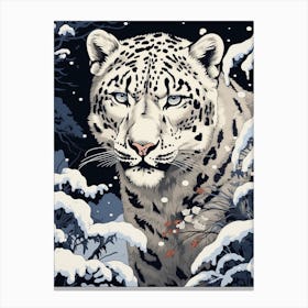 Snow Leopard Animal Drawing In The Style Of Ukiyo E 3 Canvas Print