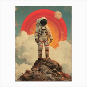 Space Odyssey: Retro Poster featuring Asteroids, Rockets, and Astronauts: Astronaut Standing On Top Of A Mountain Canvas Print