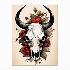 Vintage Boho Bull Skull Flowers Painting (15) Canvas Print