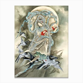 Chinese Lady With Birds Canvas Print
