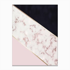 Mixed Baby Pink Gold Marble And Dark Blue Abstract With Gold Trim Canvas Print