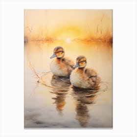 Ducks Swimming In The Lake At Sunset Watercolour 3 Canvas Print