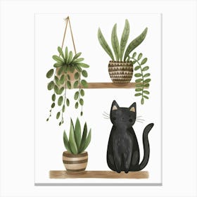 Black Cat With Plants Canvas Print