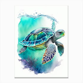 Sea Turtle In Deep Ocean, Sea Turtle Watercolour 4 Canvas Print