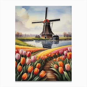 Windmill With Tulips Netherlands Floral Art Canvas Print