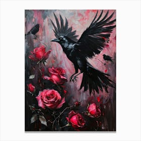 Crows Caught In Mid Flight Twisted Amongst Roses With Thorns Casting Intricate Shadows Gothic Atmo Canvas Print