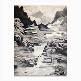 Iya Valley In Tokushima, Ukiyo E Black And White Line Art Drawing 4 Canvas Print