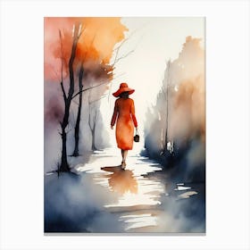 Woman In Red Hat Walking In The Park Canvas Print