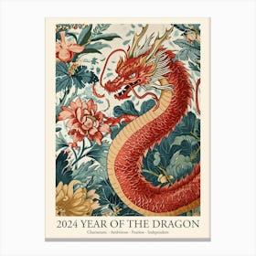 Lunar Year Of The Dragon 2024 Red Dragon Art Chinese Zodiac Blue Flowers Canvas Print