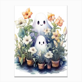 Cute Bedsheet Ghost, Botanical Halloween Watercolour 7 Canvas Print