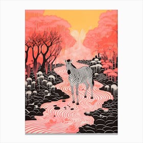 Linocut Pink & Red Inspired Zebra 5 Canvas Print