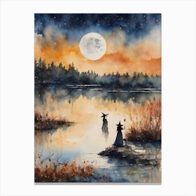 Lake Spirit ~ A Witch Communing With Spirits by the Waterside ~ Pagan Witchy Artwork Watercolour Spooky Witchcraft Illustration Canvas Print