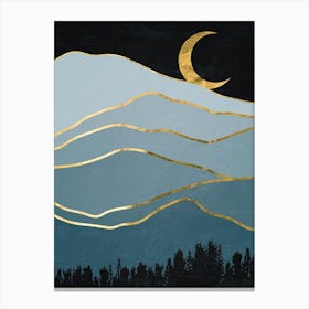 Moonlight Over The Mountains Canvas Print - Golden landscape with moon #7, Japanese gold poster Canvas Print