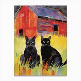 Two Black Cats In Front Of An Old Wooden Barn Canvas Print