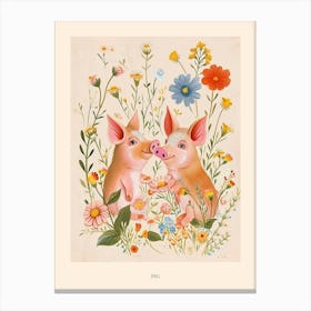 Folksy Floral Animal Drawing Pig Poster Canvas Print