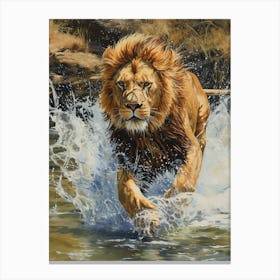 African Lion Crossing A River Acrylic Painting 2 Canvas Print