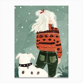 Girl And Dog In The Snow Canvas Print