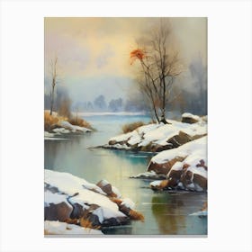 Ancient landscapes, old winter oil paintings and rocks around the lake bank. Snow is falling on the lake, old colors.9 Canvas Print