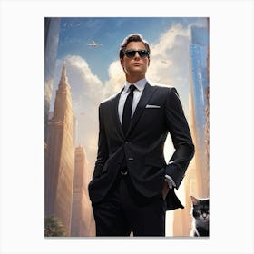 Businessman Wearing Sleek Sunglasses Sporting A Sharp Tailored Suit Standing Confidently In A Bus (3) Canvas Print