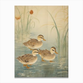 Ducklings With Pond Grass Japanese Woodblock Style 2 Canvas Print